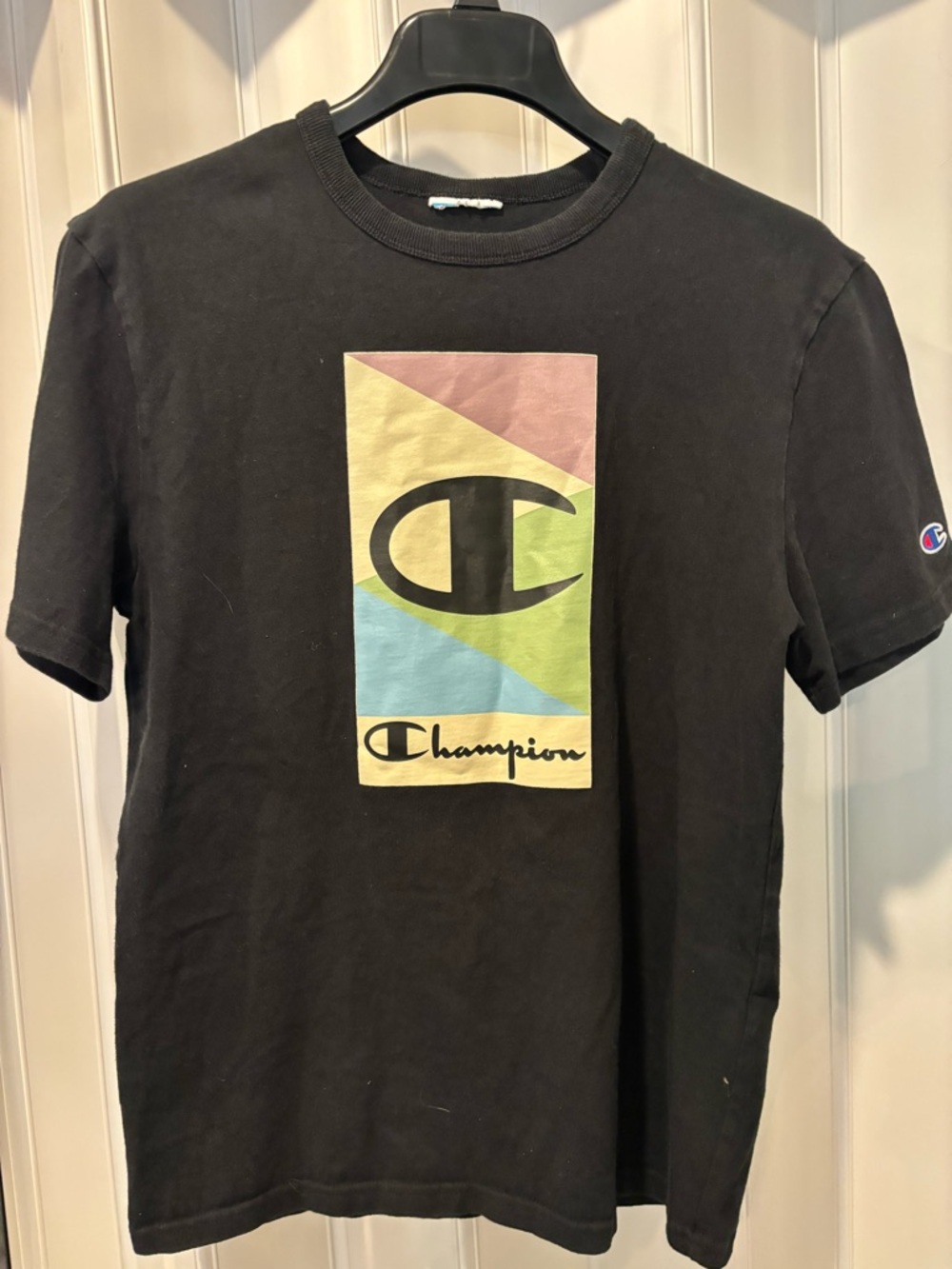 Champion Black Tee with Pastel Pink, Yellow, Green & Blue Block Logo Medium